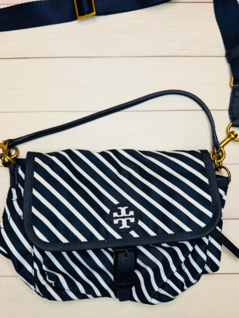 Tory Burch Navy and White Striped Crossbody Bag